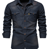 Pitkähihainen rento vintage-puuvillapaita miehille denim-taskulla