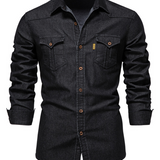Pitkähihainen rento vintage-puuvillapaita miehille denim-taskulla