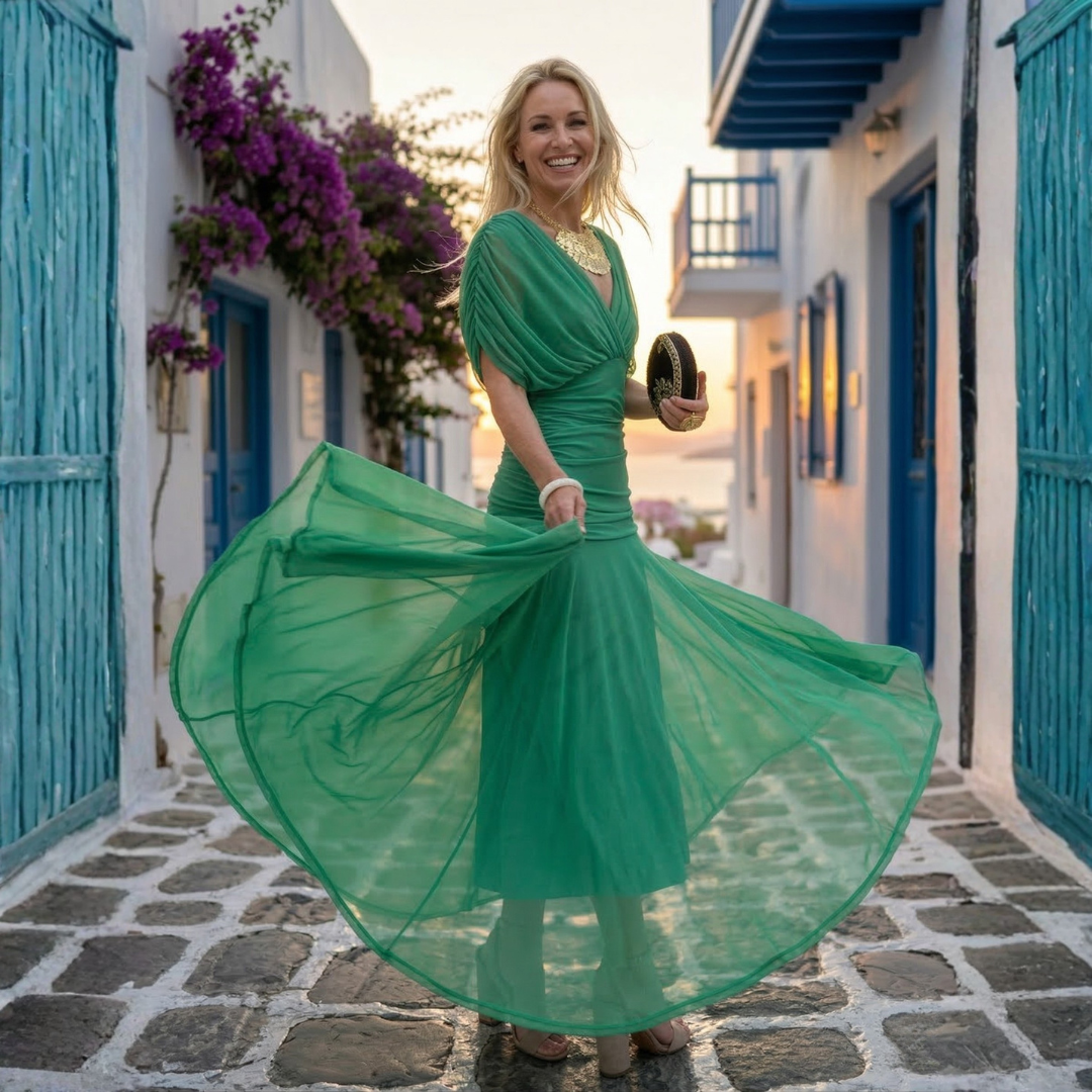 Xenia - Pitkä tyylikäs mekko V-aukolla