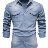 Pitkähihainen rento vintage-puuvillapaita miehille denim-taskulla