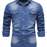 Pitkähihainen rento vintage-puuvillapaita miehille denim-taskulla