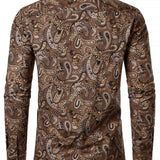 Pitkähiha, hengittävä ruskea puuvillapaita retro paisley-kuviolla miehille