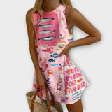 Inês – Vaaleanpunainen Mini Mekko Miraba Kuvioilla